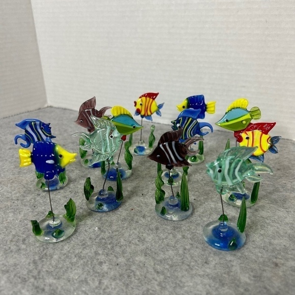 Vintage Small Handblown Glass Fish Figurines With Kelp Set of 12 - 1.5x3.5”
